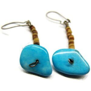 925 Turquoise Beads Earrings Hoop Hinge Clasp Sterling Silver Vintage Patina
